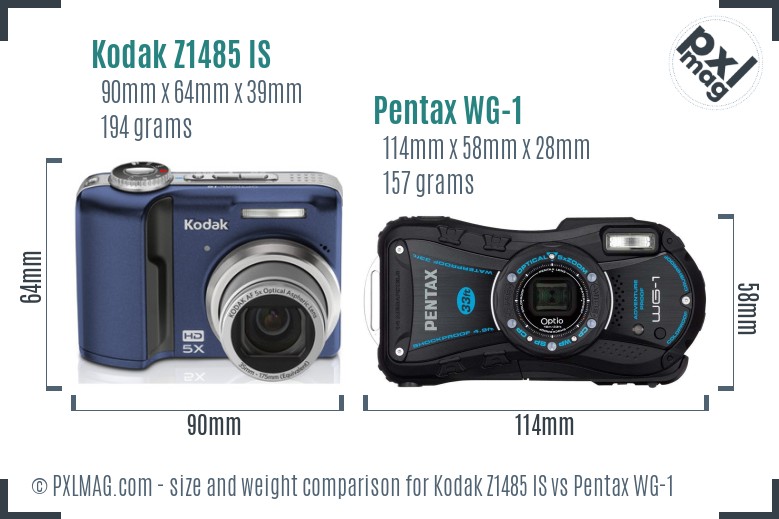 Kodak Z1485 IS vs Pentax WG-1 size comparison