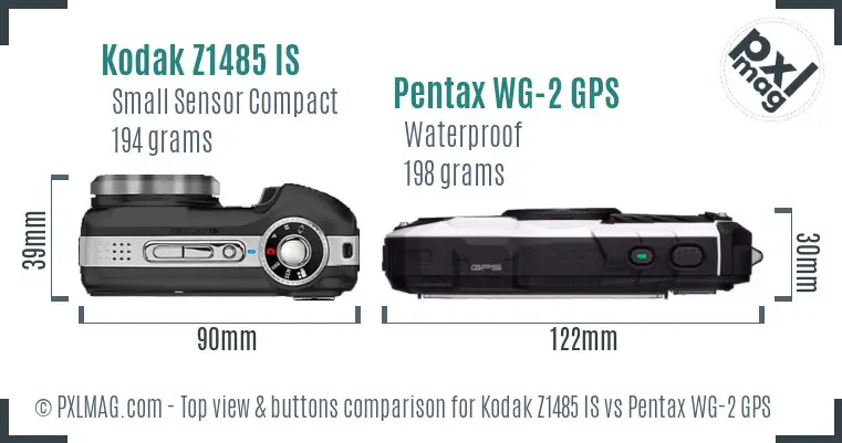 Kodak Z1485 IS vs Pentax WG-2 GPS top view buttons comparison