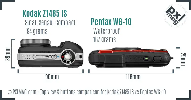 Kodak Z1485 IS vs Pentax WG-10 top view buttons comparison