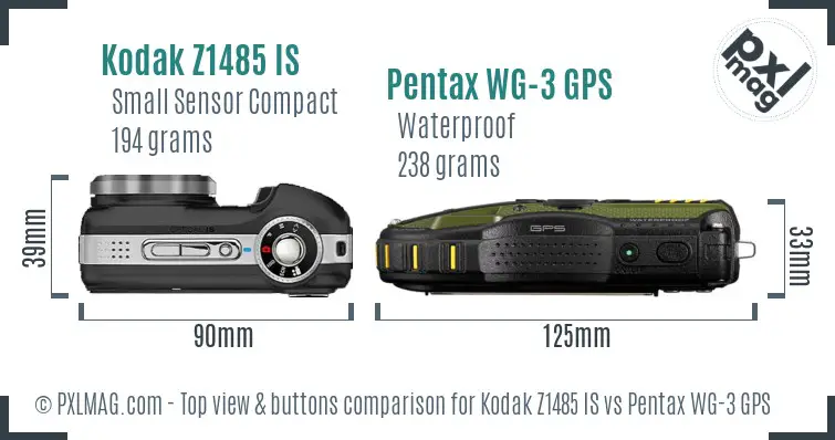 Kodak Z1485 IS vs Pentax WG-3 GPS top view buttons comparison Kodak Z1485 IS vs Pentax WG-3 GPS top view buttons comparison