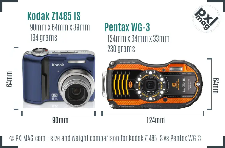 Kodak Z1485 IS vs Pentax WG-3 size comparison