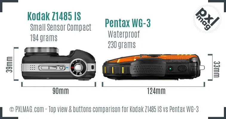 Kodak Z1485 IS vs Pentax WG-3 top view buttons comparison