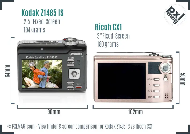 Kodak Z1485 IS vs Ricoh CX1 Screen and Viewfinder comparison