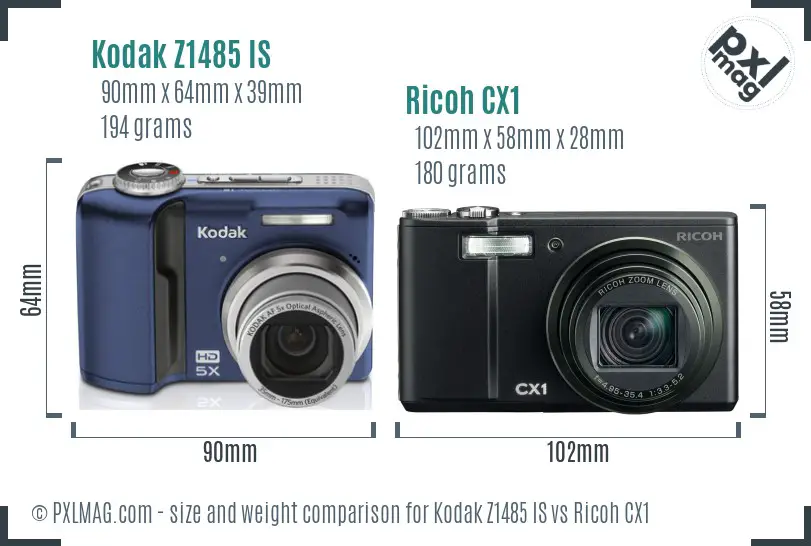 Kodak Z1485 IS vs Ricoh CX1 size comparison