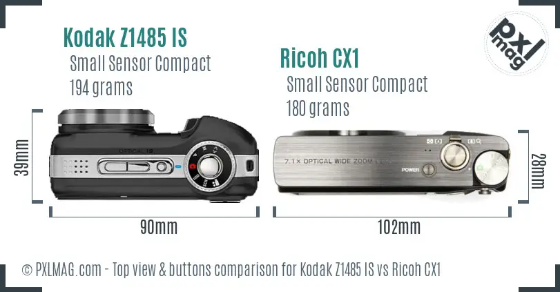 Kodak Z1485 IS vs Ricoh CX1 top view buttons comparison