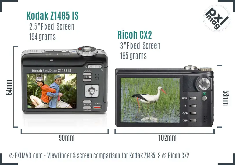 Kodak Z1485 IS vs Ricoh CX2 Screen and Viewfinder comparison Kodak Z1485 IS vs Ricoh CX2 Screen and Viewfinder comparison