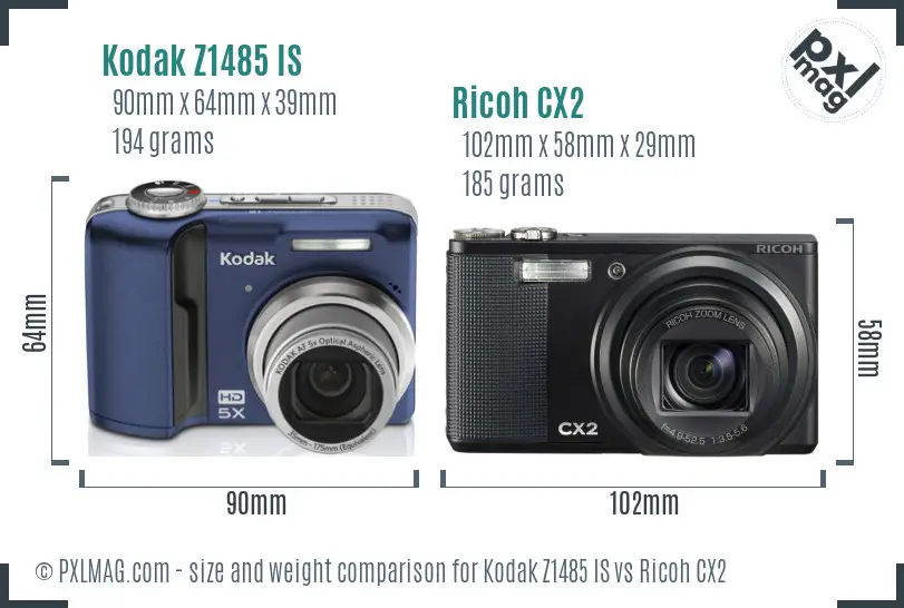 Kodak Z1485 IS vs Ricoh CX2 size comparison Kodak Z1485 IS vs Ricoh CX2 size comparison