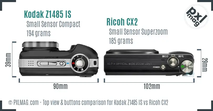 Kodak Z1485 IS vs Ricoh CX2 top view buttons comparison Kodak Z1485 IS vs Ricoh CX2 top view buttons comparison