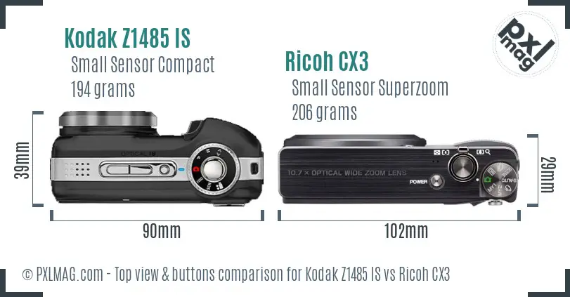 Kodak Z1485 IS vs Ricoh CX3 top view buttons comparison