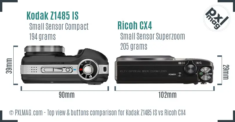 Kodak Z1485 IS vs Ricoh CX4 top view buttons comparison Kodak Z1485 IS vs Ricoh CX4 top view buttons comparison