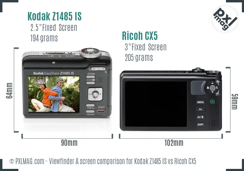Kodak Z1485 IS vs Ricoh CX5 Screen and Viewfinder comparison