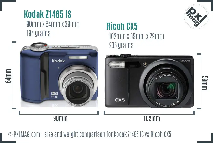 Kodak Z1485 IS vs Ricoh CX5 size comparison