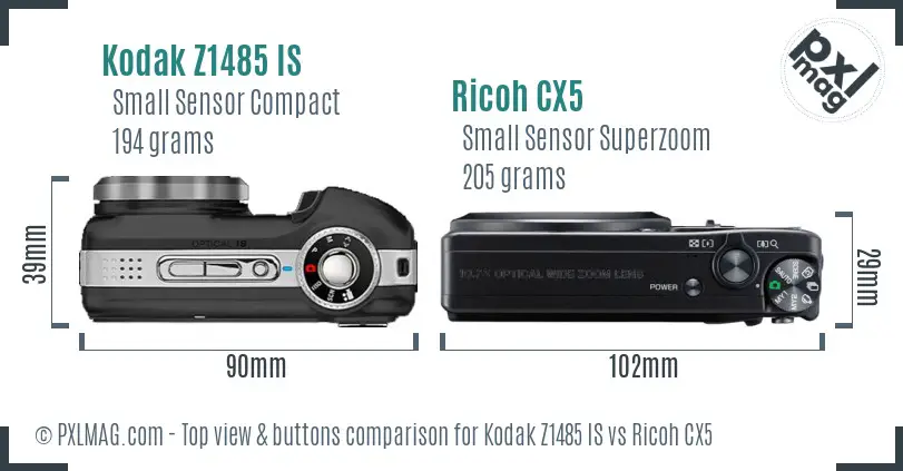 Kodak Z1485 IS vs Ricoh CX5 top view buttons comparison