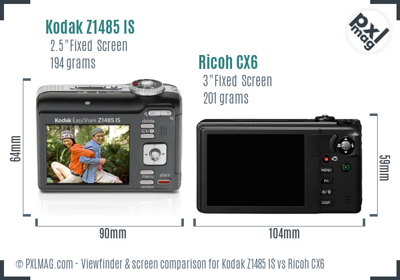 Kodak Z1485 IS vs Ricoh CX6 Screen and Viewfinder comparison