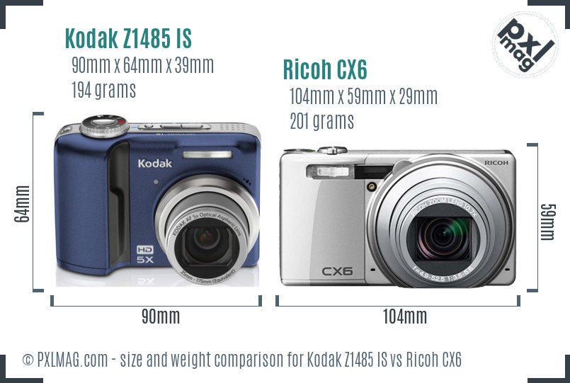 Kodak Z1485 IS vs Ricoh CX6 size comparison Kodak Z1485 IS vs Ricoh CX6 size comparison