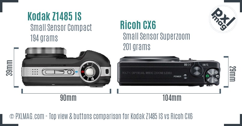 Kodak Z1485 IS vs Ricoh CX6 top view buttons comparison