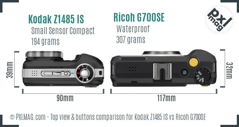 Kodak Z1485 IS vs Ricoh G700SE top view buttons comparison Kodak Z1485 IS vs Ricoh G700SE top view buttons comparison