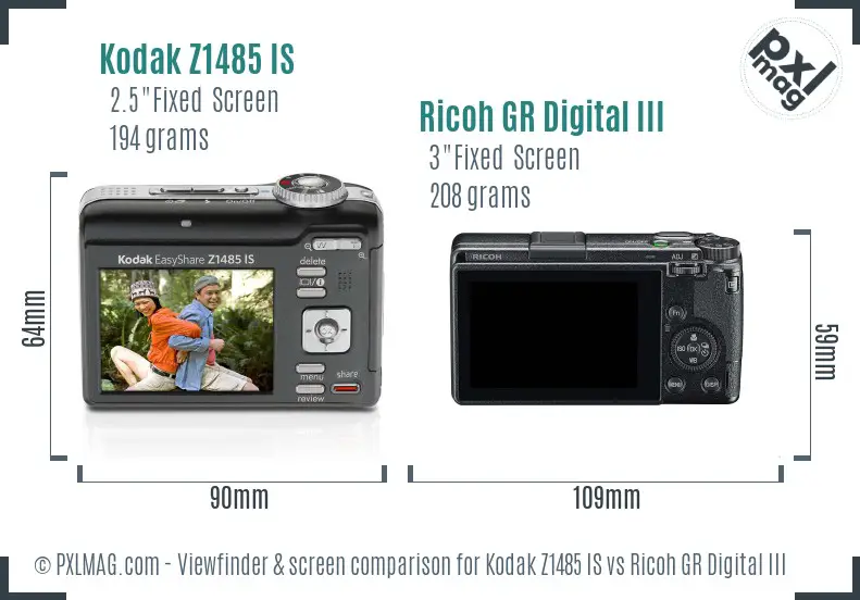 Kodak Z1485 IS vs Ricoh GR Digital III Screen and Viewfinder comparison