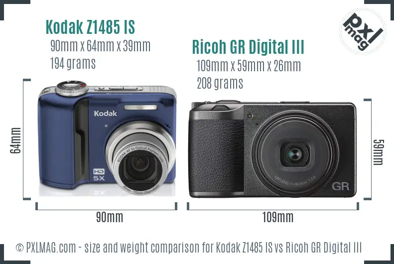 Kodak Z1485 IS vs Ricoh GR Digital III size comparison