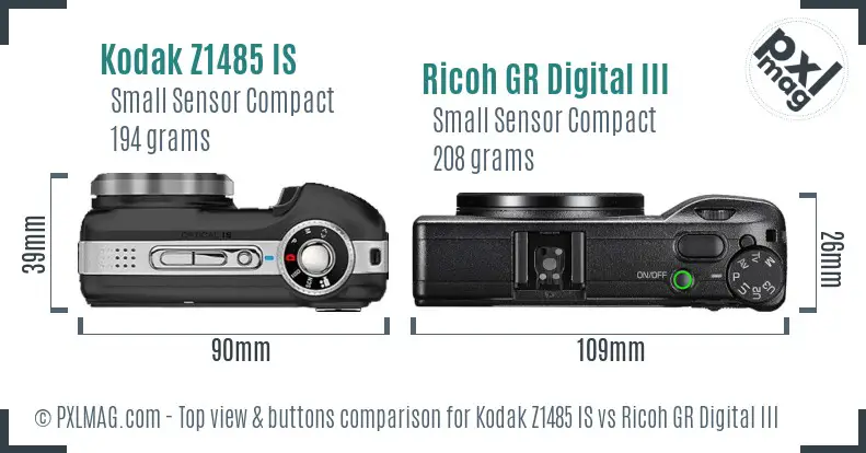 Kodak Z1485 IS vs Ricoh GR Digital III top view buttons comparison