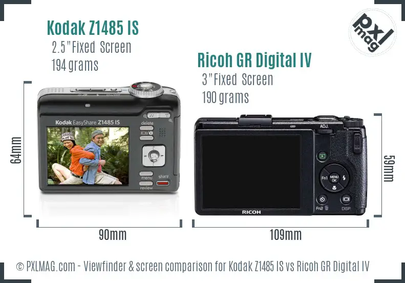 Kodak Z1485 IS vs Ricoh GR Digital IV Screen and Viewfinder comparison
