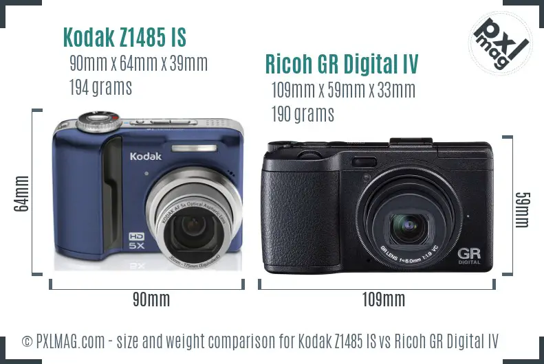 Kodak Z1485 IS vs Ricoh GR Digital IV size comparison