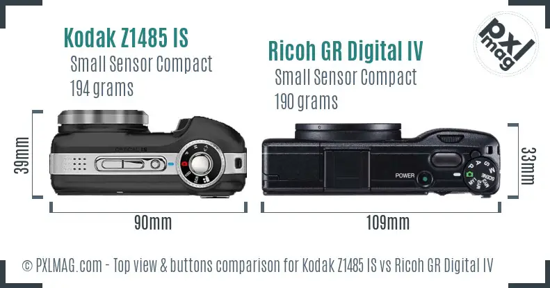 Kodak Z1485 IS vs Ricoh GR Digital IV top view buttons comparison