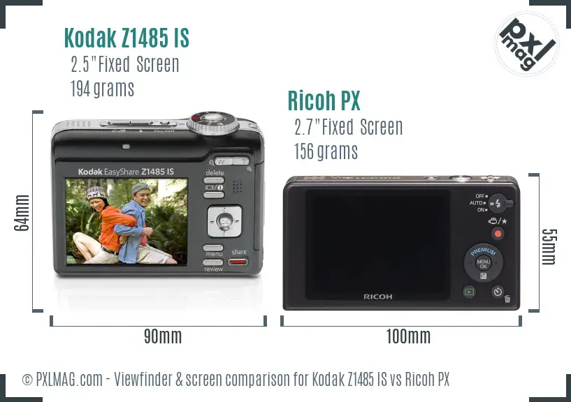 Kodak Z1485 IS vs Ricoh PX Screen and Viewfinder comparison