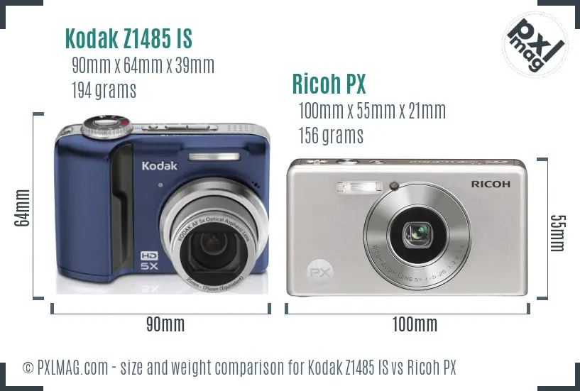 Kodak Z1485 IS vs Ricoh PX size comparison