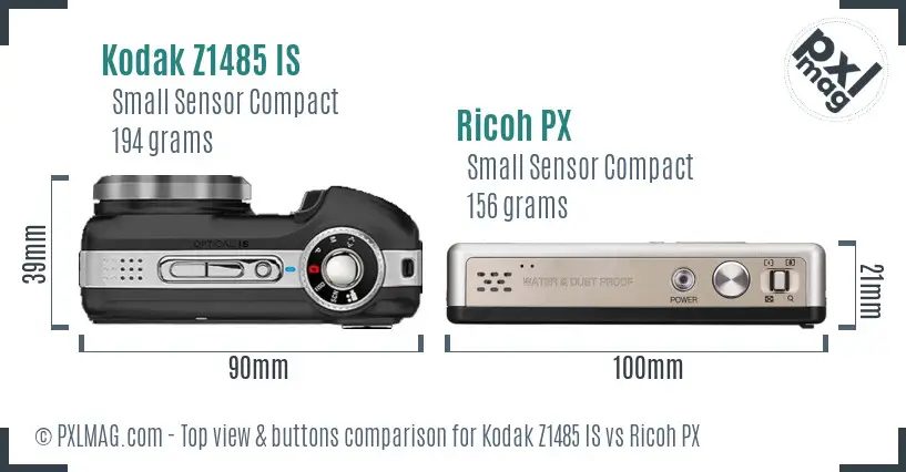 Kodak Z1485 IS vs Ricoh PX top view buttons comparison