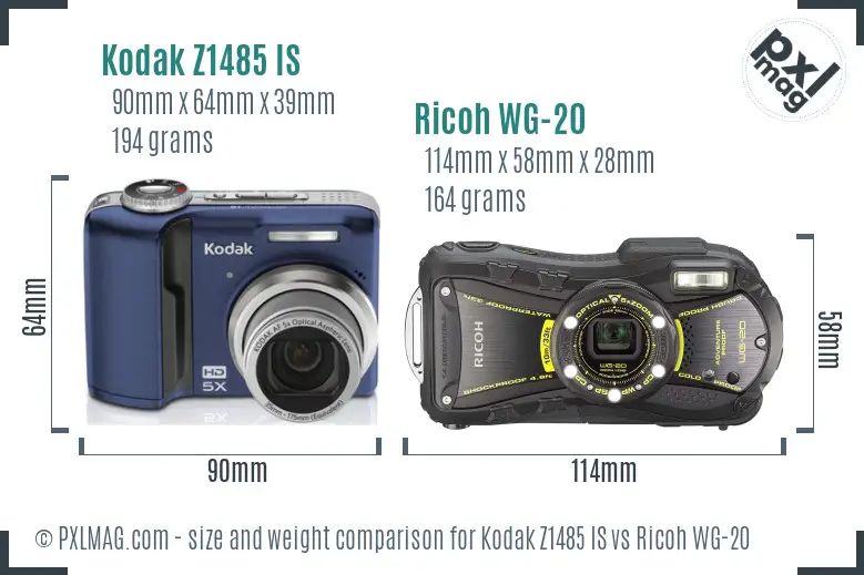 Kodak Z1485 IS vs Ricoh WG-20 size comparison