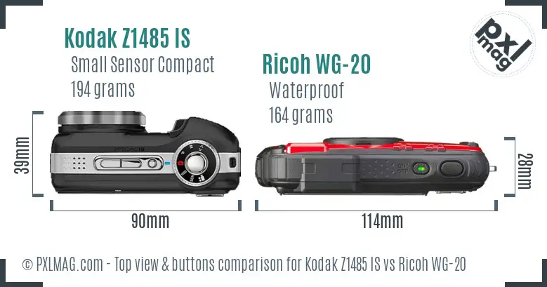 Kodak Z1485 IS vs Ricoh WG-20 top view buttons comparison