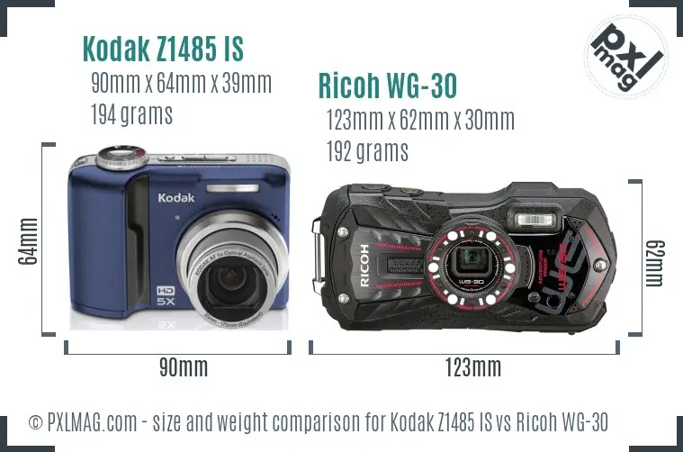 Kodak Z1485 IS vs Ricoh WG-30 size comparison