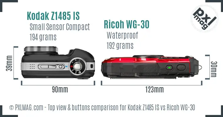 Kodak Z1485 IS vs Ricoh WG-30 top view buttons comparison
