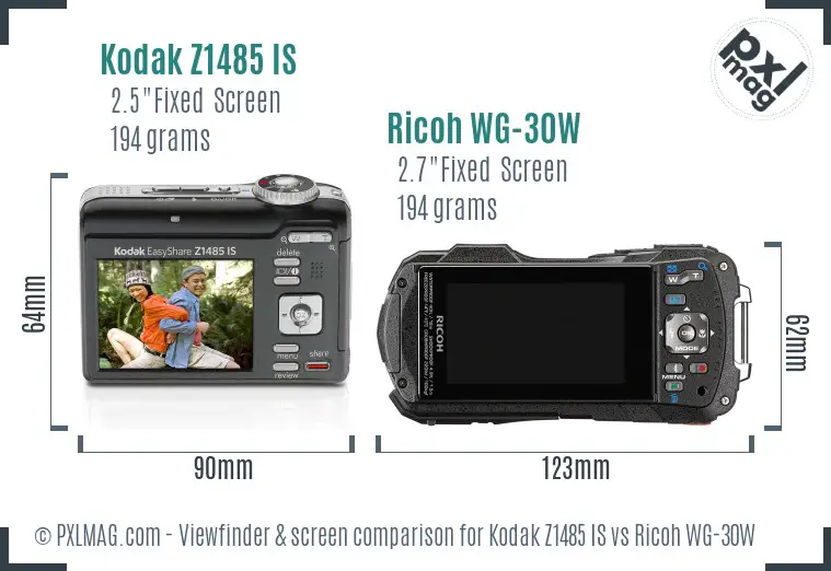 Kodak Z1485 IS vs Ricoh WG-30W Screen and Viewfinder comparison