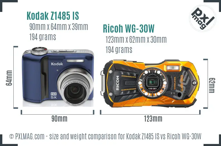 Kodak Z1485 IS vs Ricoh WG-30W size comparison