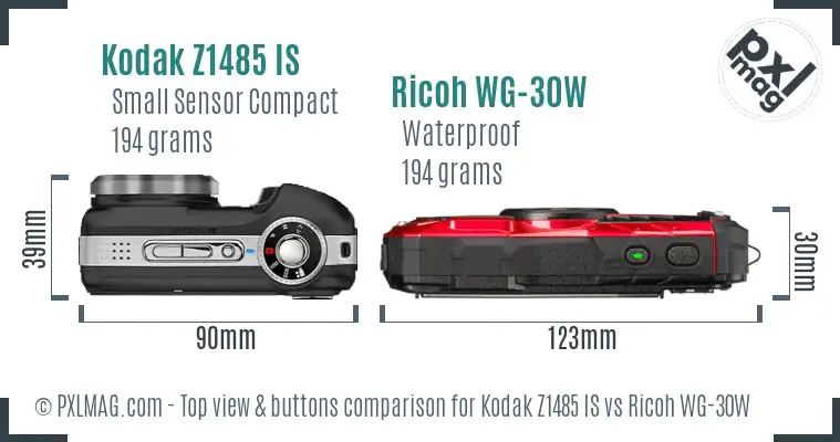 Kodak Z1485 IS vs Ricoh WG-30W top view buttons comparison