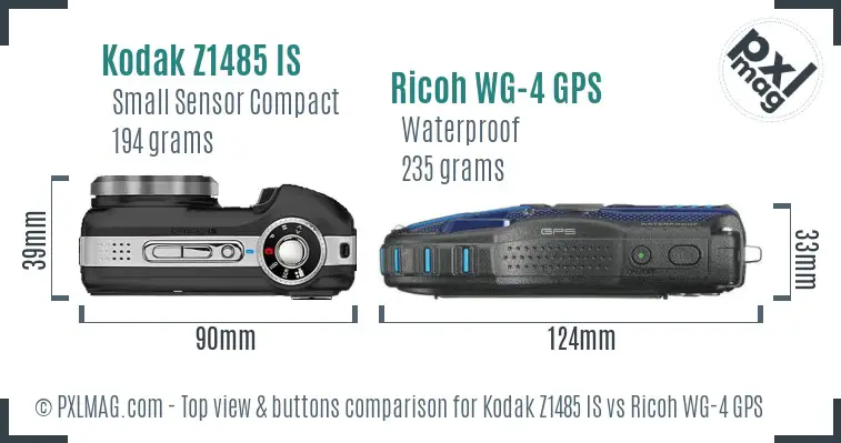 Kodak Z1485 IS vs Ricoh WG-4 GPS top view buttons comparison
