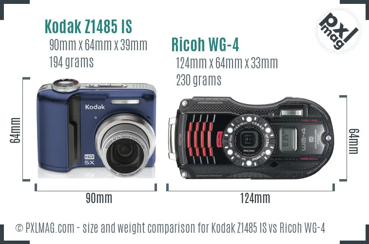 Kodak Z1485 IS vs Ricoh WG-4 size comparison
