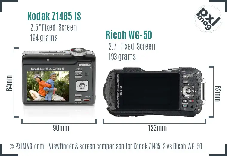 Kodak Z1485 IS vs Ricoh WG-50 Screen and Viewfinder comparison