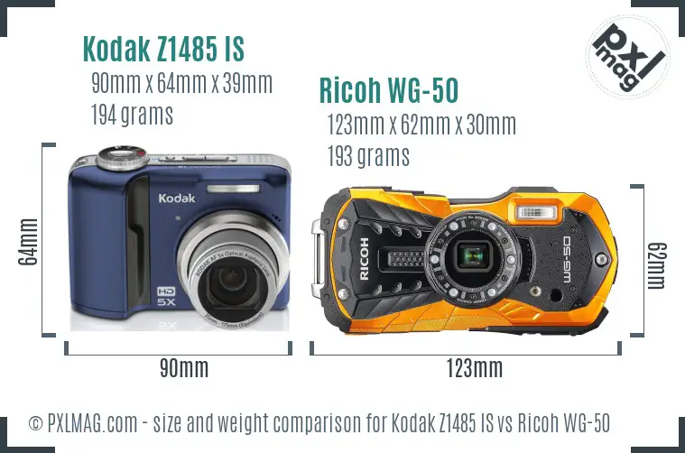 Kodak Z1485 IS vs Ricoh WG-50 size comparison