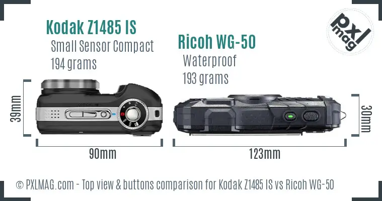 Kodak Z1485 IS vs Ricoh WG-50 top view buttons comparison