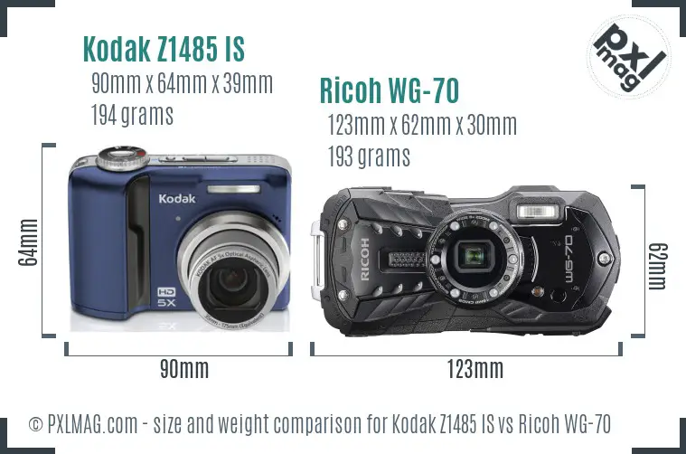 Kodak Z1485 IS vs Ricoh WG-70 size comparison