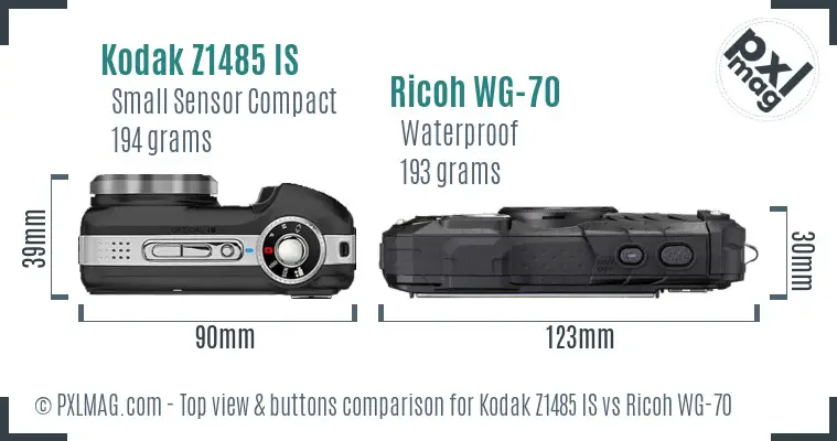 Kodak Z1485 IS vs Ricoh WG-70 top view buttons comparison