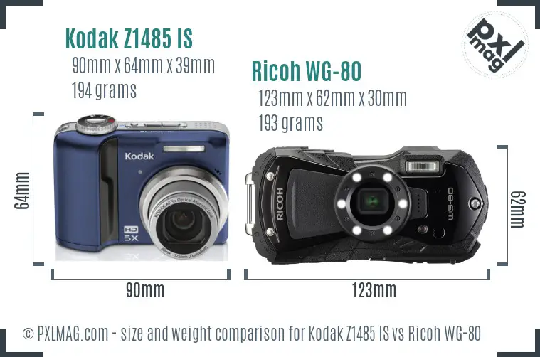Kodak Z1485 IS vs Ricoh WG-80 size comparison