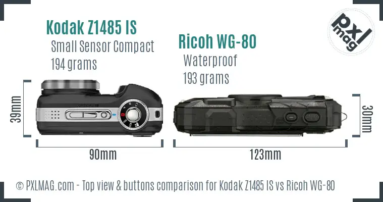 Kodak Z1485 IS vs Ricoh WG-80 top view buttons comparison