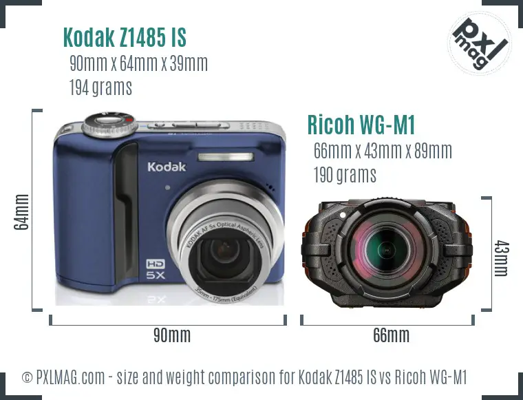 Kodak Z1485 IS vs Ricoh WG-M1 size comparison