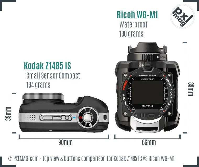 Kodak Z1485 IS vs Ricoh WG-M1 top view buttons comparison