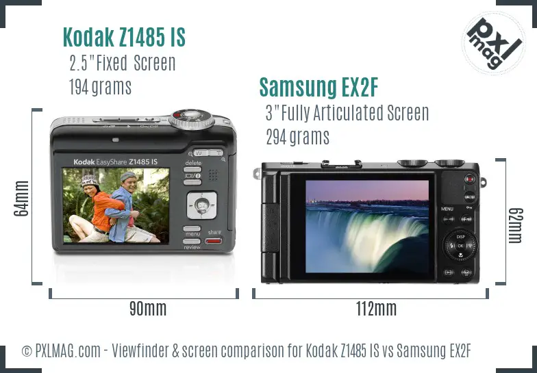 Kodak Z1485 IS vs Samsung EX2F Screen and Viewfinder comparison