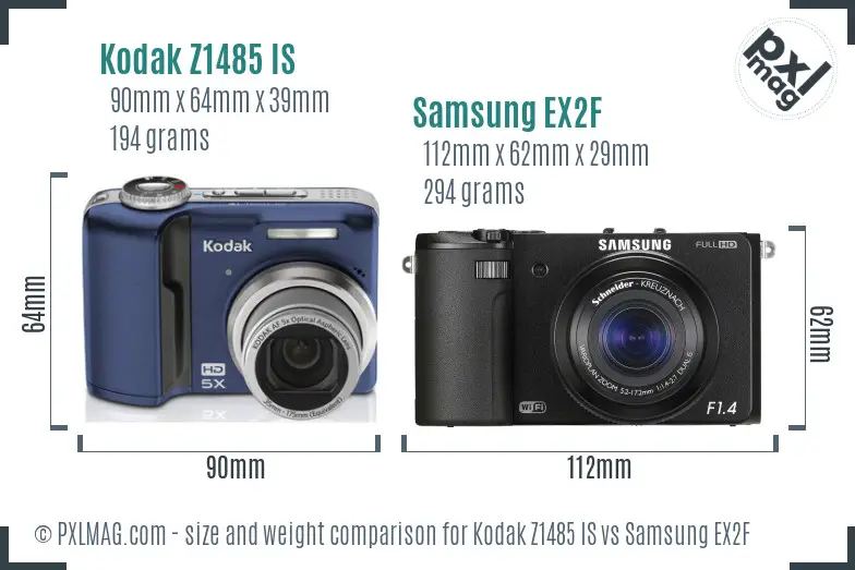 Kodak Z1485 IS vs Samsung EX2F size comparison